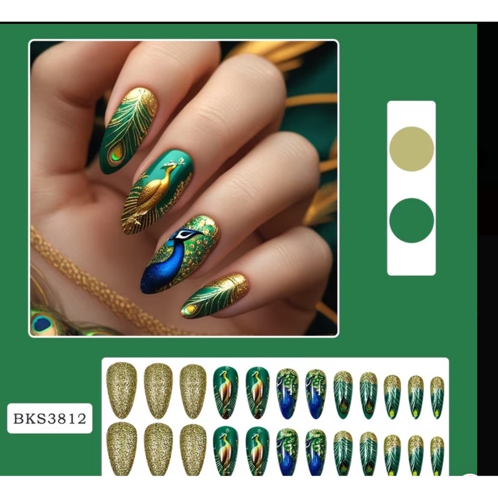 Peacock Press On Nails Emerald Green‎ Gold Glitter Almond Shape 24pc BKS3812
